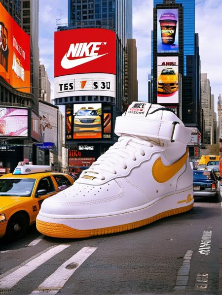 AI shoes, car, ground vehicle, real world location, city, building, scenery, outdoors, road, skyscraper, street, sneakers, vehicle focus, a pair of white sneakers on a city street with a taxi cab in the foreground and a large advertisement for nike, cityscape, tokyo \(city\), city lights, architecture, bridge