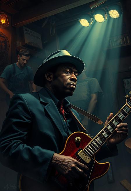 A high-angle perspective illustration with volumetric lighting depicting Robert Johnson in a gritty Alabama bar.  Visible light beams through dust or fog, enhancing the dramatic mood. The illustration uses deconstructed portraits, layered textures, and a dynamic composition.