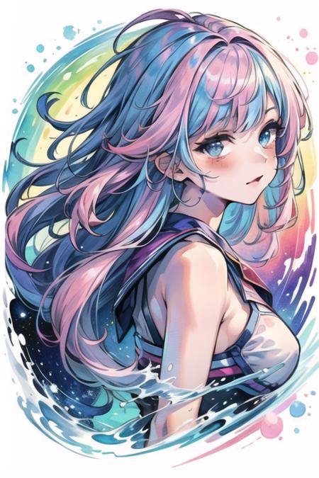 (masterpiece, top quality, best quality,watercolor (medium),official art, beautiful and aesthetic:1.2),(1girl:1.3), (fractal art:1.3),upper body, from side, looking at viewer,patterns,(rainbow color Hair,colorful hair,half blue and half pink hair:1.2),water,liquid, cloud,colorful, starry,stars,