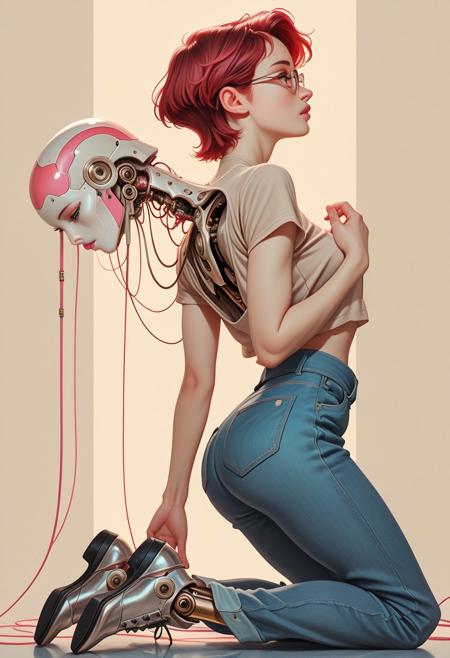 cinematic shot, strong backlighting, ethereal vibes,
 0010011_illu,  ArsMJStyle, Colored pencil hyperdetailed realism, masterpiece, very awa, amazing quality, best quality, 
creative concept, very aesthetic, (digital painting artwork,:0.5) 
1girl, tomie kawakami, solo, full body, short hair, simple background, golden eyes, red hair, short twist hair, short sleeves, open clothes, short denim, from front, profile, glasses, robot, science fiction,  golden and silver background, cable, joints, robot joints, mechanical parts, pale blue and pale pink theme, cyberpunk, limited palette,