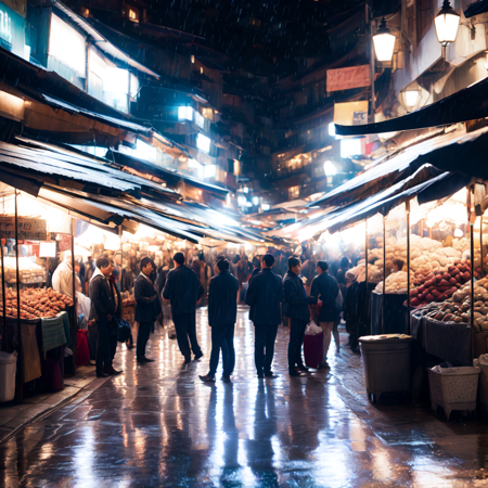 photo, a group of people standing around a market at night rain soaked street  (Marketplace style:1) <lora:djzMarketplaceV21:1>