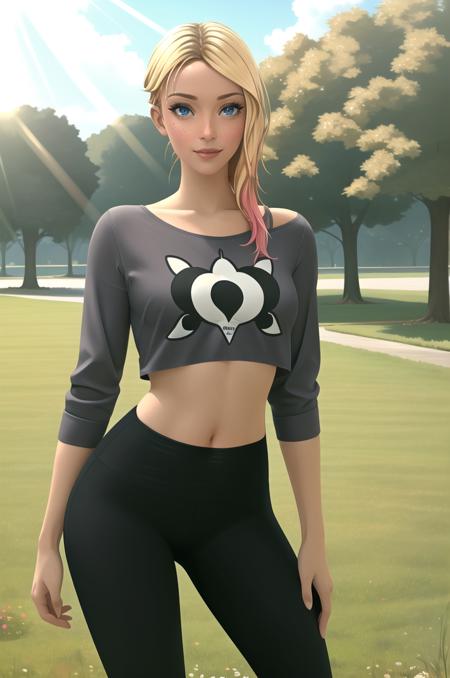 <lora:GwenStacy-v1-06:0.7>, ChopioGwenStacy, realistic, short hair, blonde hair, gradient hair, (sidecut, undercut:1.1), blue eyes, (freckles:1.1), lips, nose, (eyebrow piercing:1.2), eyeshadow, mascara, makeup, (looking at viewer:1.3), medium breasts, outfit_1, grey shirt, animal print, crop top, off-shoulder shirt, long sleeves, sleeves pushed up, yoga pants, black leggings, tight pants, outfit_1, yoga pants, black leggings, tight pants, unworn shirt, topless, nipples, nsfw, outfit_1, yoga pants, black leggings, tight pants, no panties, torn pants, topless, nipples, nsfw,