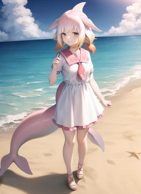 <lora:chiwhidol-000014:1>, full body, smile, outdoors, sky, day, simple background, beach background, sand, ocean, cetacean tail, dolphin girl, fish tail,