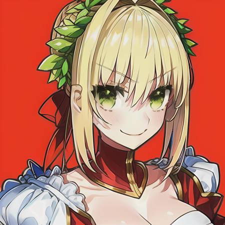 Nero Claudius, 1girl, solo, looking at viewer, blush, smile, long sleeves, dress, cleavage, hair between eyes, closed mouth, braid, chibi, nail polish, v, hair intakes, red dress, single hair bun, red nails, red background, french braid, epaulettes, double v, head wreath, mika pikazo, <lora:mikaPikazoStyleLora_mk:0.65>, <lora:Nero_Claudius-24:0.8>,