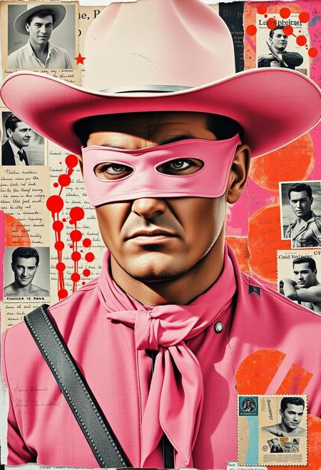 A pop art style mixed media collage artwork. Deconstructed, provocative, erotic, surreal, intense and chaotic composition. Street art textures and vibrant retro colours.
A torn clippings of a worn magazine photo of The Lone Ranger - A man in his 30s with a strong, clean-shaven face and a determined expression. He wears an iconic cowboy outfit: a light pink wide-brimmed hat with a silver band, a pink domino mask covering his eyes, a light pink collared shirt and matching neckerchief, and a fitted pink vest.  Focus on face. Torn edges.
Overlaying this are multiple layers of black-and-white Holywood imagery, handwritten letters, bold paint splashes, and chaotic magazine cutouts. Partially covering her, these break up her outline
Next are layered sections of repetitive brightly coloured dots are spraypainted in Yayoi Kusama style. 
On top of this are 1950s magazine cutouts and clippings of hunky beefcake men in bathing costumes, and torn vintage holiday postcards with handwritten messages are glued to the layers. This partially hides sections of the images below. 
On the top layer are rough hand-drawn letters and love hearts scrawled heavy-handedly in blue biro onto print.