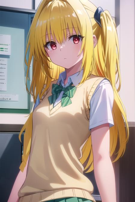 toloveruyami, <lora:yami darkness-lora-nochekaiser:1>, 
yami, (yellow hair:1.5), long hair, (red eyes:1.5), (hair ornament:1.2), two side up, (small chest:1.2), 
BREAK school uniform, shirt, white shirt, bow, (green bow:1.5), skirt, (green skirt:1.2), pleated skirt, short skirt, sweater, (light brown sweater vest:1.5), short sleeves,
BREAK indoors, classroom,
BREAK looking at viewer, (cowboy shot:1.5),
BREAK <lyco:GoodHands-beta2:1>, (masterpiece:1.2), best quality, high resolution, unity 8k wallpaper, (illustration:0.8), (beautiful detailed eyes:1.6), extremely detailed face, perfect lighting, extremely detailed CG, (perfect hands, perfect anatomy),