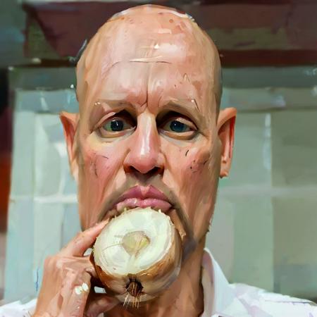 fisheye view, Woody Harrelson (eats onion:1.3), bald head, caricature, albeniz rodriguez style <lora:albeniz-rodriguez-style:1.0>