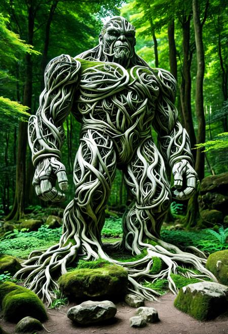 score_9,score_8_up,score_7_up, PG-TR, This is a vibrant, fantasy illustration of a large, golem-like figure that appears to be made of stones and rocks, partly overgrown with lush green foliage. The figure stands in a forested environment, with trees and plants surrounding it, and in the background, ruins or other stone structures are visible. The sky above is clear blue with some white clouds, indicating a sunny day.
The colossus itself is impressively large, with a broad posture and thick, robust limbs. Its body is a mix of gray and brown stones, some smoother than others, with cracks and moss growth emphasizing its age and natural integration. The most striking feature is the dense layer of bright green leaves covering large parts of its torso, shoulders, and upper legs, as if it has become part of the forest itself.
The colossus's face is somewhat human-like, with a stylized, flat nose and indentations suggesting eyes, all formed from stone. The overall atmosphere of the image is one of wonder and mystery, fitting for a fantasy world. <lora:Treeroots_0_90_multi2_Handprocessed_V2:1>