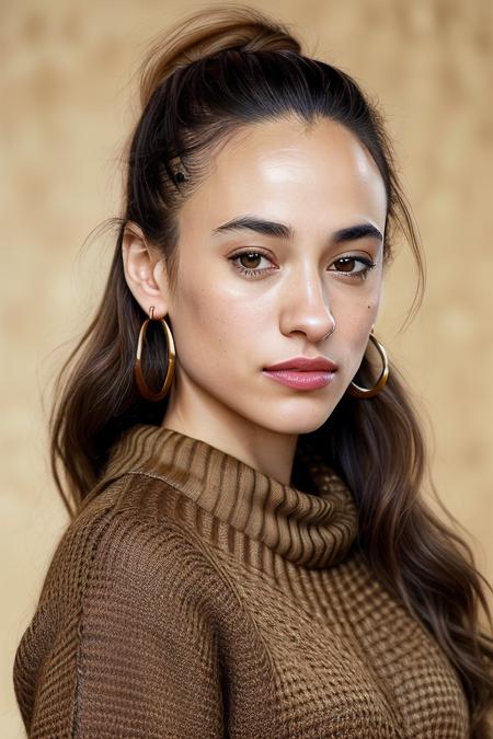 best quality portrait of (Meli554nth1M4hut01-290:0.99), Curly caramel brown high ponytail hairstyle, (wearing a simple Coyote Brown sweater:1.3), in front of a (plain black studio backdrop:1.2), (masterpiece:1.5) (photorealistic:1.1) (bokeh) (best quality) (detailed skin texture pores hairs:1.1) (intricate) (8k) (HDR) (wallpaper) (cinematic lighting) (sharp focus), (earrings), (detailed pupils:1.3), ( Periwinkle lipstick:1.2)