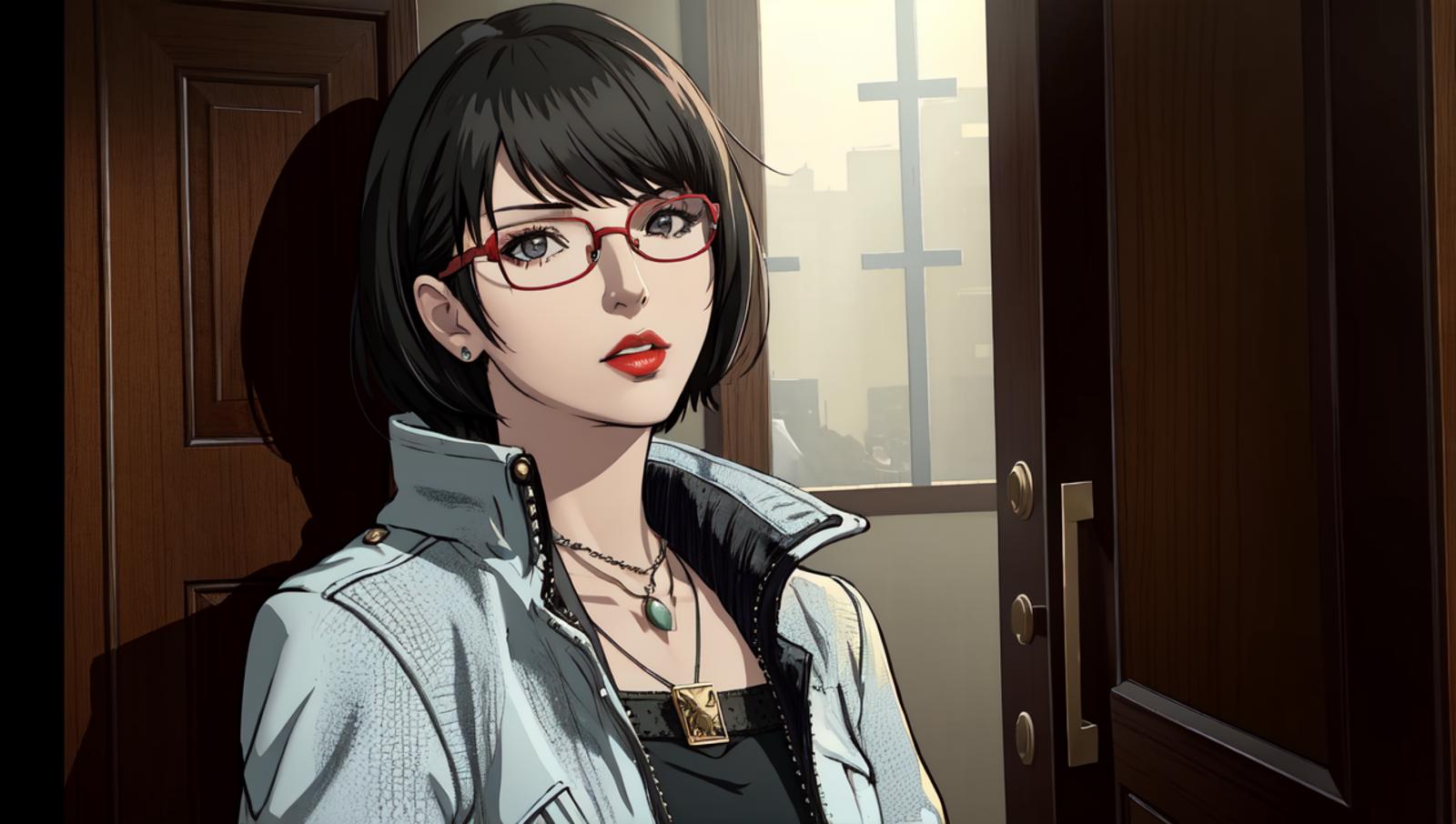 A cartoon woman with glasses and a black jacket stands in front of a door.