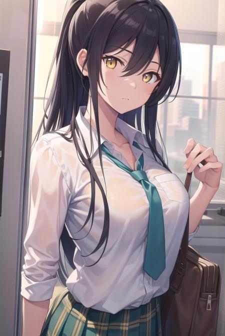 sakuyashirase, <lyco:sakuyashirase-lyco-nochekaiser:1>,
sakuya shirase, black hair, hair between eyes, long hair, ponytail, (yellow eyes:1.5),
BREAK collarbone, green necktie, green skirt, necktie, open collar, plaid, plaid skirt, pleated skirt, school uniform, shirt, skirt, white shirt,
BREAK looking at viewer, full body,
BREAK indoors, classroom,
BREAK <lyco:GoodHands-beta2:1>, (masterpiece:1.2), best quality, high resolution, unity 8k wallpaper, (illustration:0.8), (beautiful detailed eyes:1.6), extremely detailed face, perfect lighting, extremely detailed CG, (perfect hands, perfect anatomy),