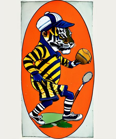 afc_nick, a tiger with a tennis hat,  vintage illustration, <lora:afc_nick-15:1>