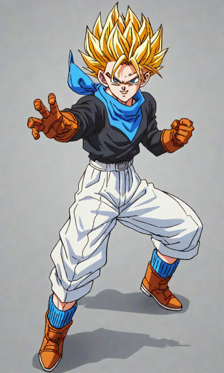 GT Trunks, spikey hair, yellow hair, super saiyan, blue eyes, black long sleeved shirt, blue bandana, brown leather gloves, white baggy short slacks, cutty sark socks, brown boots, solo