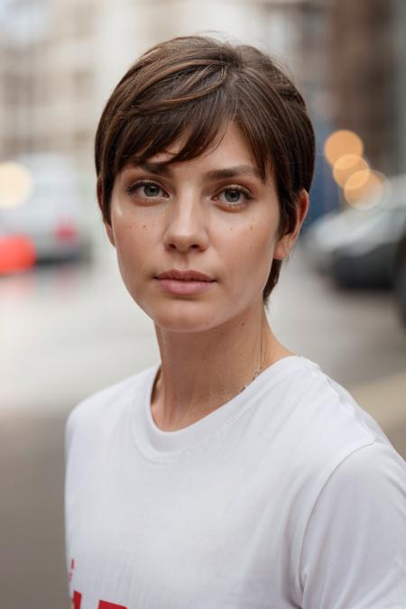 headshot, white tee, pixie cut, soft colors, bokeh, masterpiece, high quality, (high detailed skin:1.1)
 <lora:carla_humphrey_lora_v01:1> 8carla