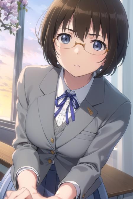 manamitamura, <lora:manami tamura s2-lora-nochekaiser:1>,
manami tamura, short hair, brown hair, (grey eyes:1.3), glasses,
BREAK skirt, school uniform, jacket, blazer, grey skirt,
BREAK indoors, classroom,
BREAK looking at viewer, (cowboy shot:1.5),
BREAK <lyco:GoodHands-beta2:1>, (masterpiece:1.2), best quality, high resolution, unity 8k wallpaper, (illustration:0.8), (beautiful detailed eyes:1.6), extremely detailed face, perfect lighting, extremely detailed CG, (perfect hands, perfect anatomy),