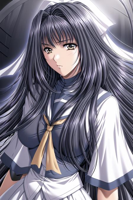 Simple White Background,
sailor collar, school uniform, serafuku,  white skirt, yellow neckerchief,long sleeves,
<lora:Hikaru_Minamoto_Double-KK77-V1:0.7>, 
 very long hair, Bangs,Yellow Eyes,Gray Hair,hair intakes
<lora:Oda_Non_Style-KK77-V2:0.3>,<lora:more_details:0.1>,
1 girl, 20yo,Young female,Beautiful Finger,Beautiful long legs,Beautiful body,
Beautiful Nose,Beautiful character design, perfect eyes, perfect face,expressive eyes,perfect balance,
looking at viewer,(Focus on her face),closed mouth, (innocent_big_eyes:1.0),
official art,extremely detailed CG unity 8k wallpaper, perfect lighting,Colorful, Bright_Front_face_Lighting,White skin,
(masterpiece:1.0),(best_quality:1.0), ultra high res,4K,ultra-detailed,
photography, 8K, HDR, highres, absurdres:1.2, Kodak portra 400, film grain, blurry background, bokeh:1.2, lens flare, (vibrant_color:1.2),professional photograph,
(Beautiful,large_Breasts:1.4), (beautiful_face:1.5),(narrow_waist),