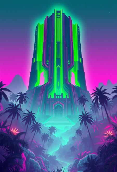 A colossal alien monument bathed in neon green and electric blue, The structure sits amidst an endless vaporwave jungle landscape.