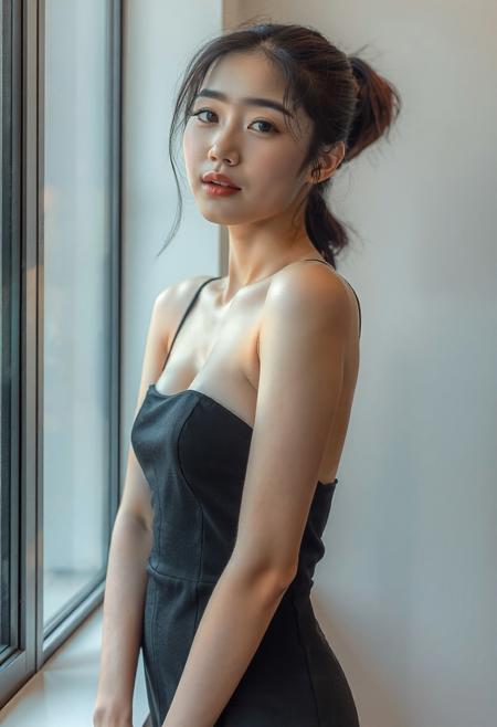 DSLR-style, slender, elegant 26-year-old Korean model, translucent pale skin with natural texture, soft shadow on cheek, diffused daylight from side, parted lips, clean background, solo, masterpiece, ultra high-res  
<lora:NOOB_vp1_detailer_by_volnovik_v1:1>
barely visible pores, subtle skin texture variation, translucent skin tone
masterpiece, best quality, highly detailed, score_9, score_8_up, score_7_up, score_6_up, score_5_up, score_4_up, Expressiveh
BREAK,
solo, vietnamese, ((asian)), 18 year old girl, cute face, (blue eyes:0.5), (bold eyeliner:0.5), , flawless skin,, (fit body), (wide waist), perfect ass, (black hair), , medium breasts, perky breasts, perfect breasts, , perfect face, medium length hair, 
BREAK
indoors, black dress, underboob cutout, pencil skirt, high ponytail, camisole dress, window, window fog,windowsill, spaghetti straps