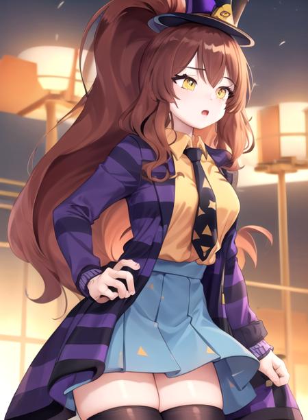 best quality, (masterpiece),(ultra-detailed), (high quality), (high resolution),   <lora:metta:0.7>,MettaCipher, 1girl, solo, long hair, breasts, bangs, skirt, brown hair, shirt, thighhighs, long sleeves, hat,  jacket,  yellow eyes, ponytail, open clothes, necktie, striped, collared shirt, blue skirt, zettai ryouiki, high ponytail,  mini hat, top hat, purple jacket,spread legs,