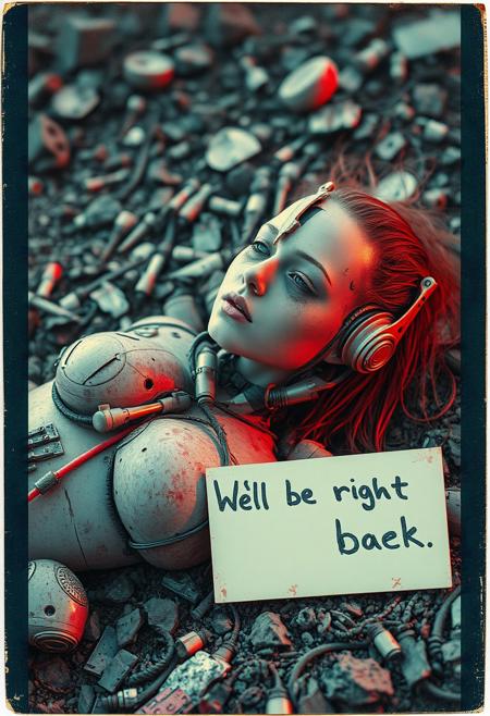 biomechanical style Photo of a broken ruined cyborg girl in a landfill, robot, body is broken with scares and holes,half the face is android,laying on the ground, creating a hyperpunk scene with desaturated dark red and blue details, colorful polaroid with vibrant colors, (vacations, high resolution:1.3), (small, selective focus, european film:1.2), with sign "We'll be right back", dappled light , blend of organic and mechanical elements, futuristic, cybernetic, detailed, intricate, Cinematic portrait photography, capture subject in a way that resembles a still frame from a movie, cinematic lighting, story, narrative quality, drawing viewers into the scene and evoking a sense of cinematic immersion, capturing emotion, professional, engaging, compelling composition