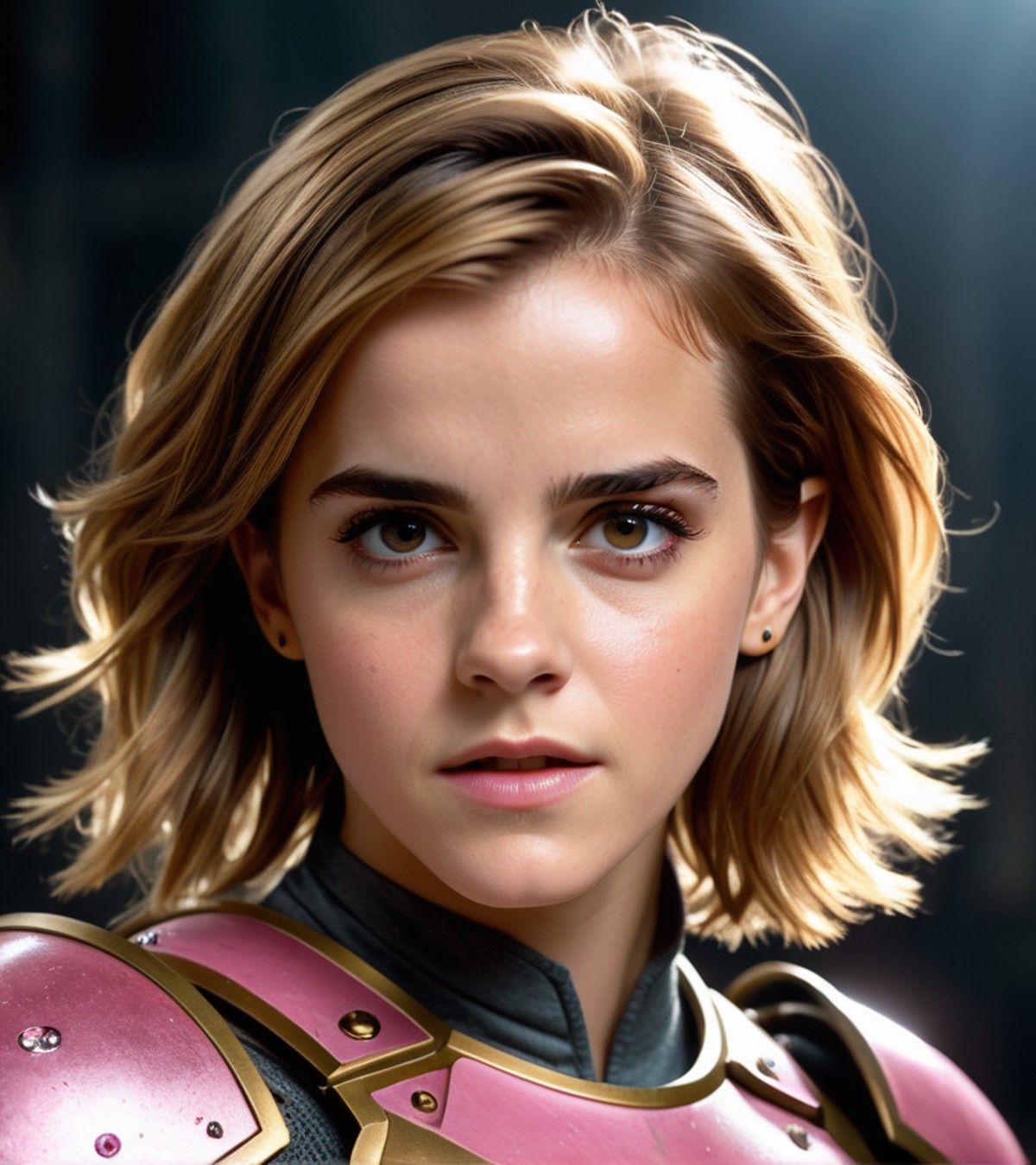photo of emma watson, 1980s, beauty face, armor gold, hair pink, ((realism)), extremely high quality RAW photograph, ultra...