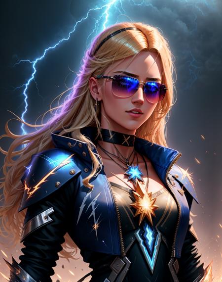 4K, Masterpiece, highres, absurdres,
edgThunderstruck, blonde Nadia with sunglasses and a choker in armor,lightning bolt ,wearing edgThunderstruck_armor, electrified, weilding thunder
 <lora:edgThunderstruck:0.75> <lora:Nadia:0.35>