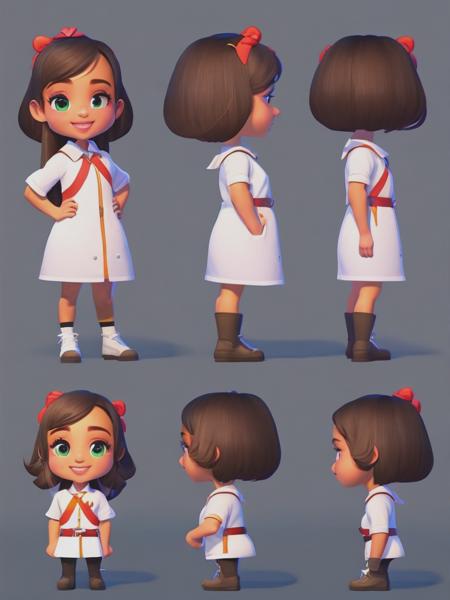 <lyco:CharacterDesign:1.0> character design of a cute adorable 5 year old girl character, high details with several angles