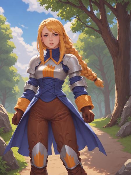 score_9, score_8_up, score_7_up, score_6_up, source_anime, 1girl, solo BREAK  <lora:PD- agrias -Character:1> agrias, blonde hair, braided ponytail, shoulder armor, armor, corset, brown pants, brown gloves, knee pads, serious, furrowed brow, open mouth, cloudy, outdoors, forest <lora:PD-2.5DCartoonV2:.80>