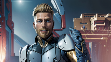 Star Lord, (masterpiece, best quality, ultra-detailed, highres),weapon, 1boy, male focus, solo, facial hair, blonde hair, smile, looking at viewer, blue eyes, realistic, upper body, beard, bodysuit, science fiction, power armor, clenched hand, fist in the air, white armor, armor <lora:Star_Lord-10:1>