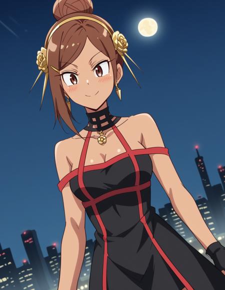 ayaka uehara, brown hair, hair ornament, brown eyes, hairclip, dark skin, hair bun, dark-skinned female, single hair bun, medium breasts, skirt, shirt, bow, school uniform, white shirt, short sleeves, collared shirt, bowtie, red bow, red bowtie, shirt, white shirt, shorts, sleeveless, sleeveless shirt, black shorts, tank top,