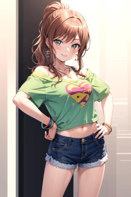 <lora:Lisachi-05:0.8> ,lisachi, looking at viewer, smile, shirt, jewelry, ponytail, heart, earrings, shorts, midriff, necklace, off shoulder, bracelet, hand on hip, short shorts, denim, denim shorts, cutoffs