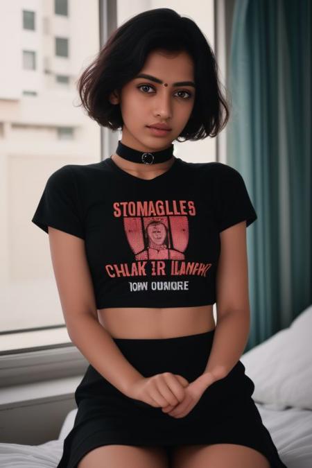 (analog photo:1.1), (an indian punk girl:1.15),  short curly hair, (black t-shirt:1.15), (20 years old, young:1.2), petite, (pubic hair:1.1), choker, cream eyeliner, tamil, cozy bedroom, (neon glow, cyberpunk:1.2), waves, warm colors, (inviting expression:1.05), RAW Photograph, dslr, soft lighting, high quality, film grain, Fujifilm XT3, (nsfw:1.1), insane details, masterpiece, 8k, 35mm photograph, dslr, kodachrome, vignette, vintage, Kodachrome, Lomography, stained, highly detailed, found footage, lift t-shirt and show breasts.