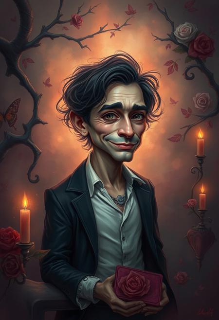 A mystic, enchanting environment surrounds a caricature figure in contemporary figurative art. Gentle color contrasts and a dreamlike atmosphere create an otherworldly, ethereal quality. The moody atmosphere evokes romantic elegance and passionate emotions.