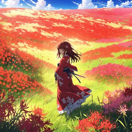 8k, UHD, anime, beautiful background, no humans, grasslands, Higanbana are blooming all over, flower, bloom <lora:higanbanaXL:1>