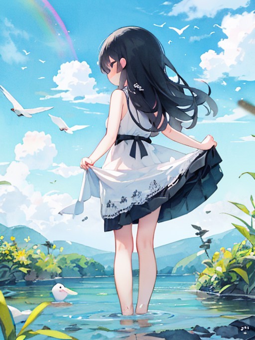 masterpiece, best quality, absurdres, illustration, watercolor,
1girl, solo, long hair, black hair, dress, skirt hold, wad...