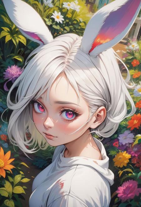 artistic portrait woman, looking at the viewer, (beautiful detailed face:1.4), beautiful long white abstract hairstyle, chubby face, extreme torn clothes, strange, rabbit ears, beautiful garden flowers, colorful vibrant, (vibrant light:1.4), (shadow detailed:1.2), (highly detailed:1.4), anime style, speed art, abstract artistic brush strokes, (beautiful and aesthetic:1.4), masterpiece, realistic surrealist, (surrealist artistic work:1.4), (fisheye:1.6)