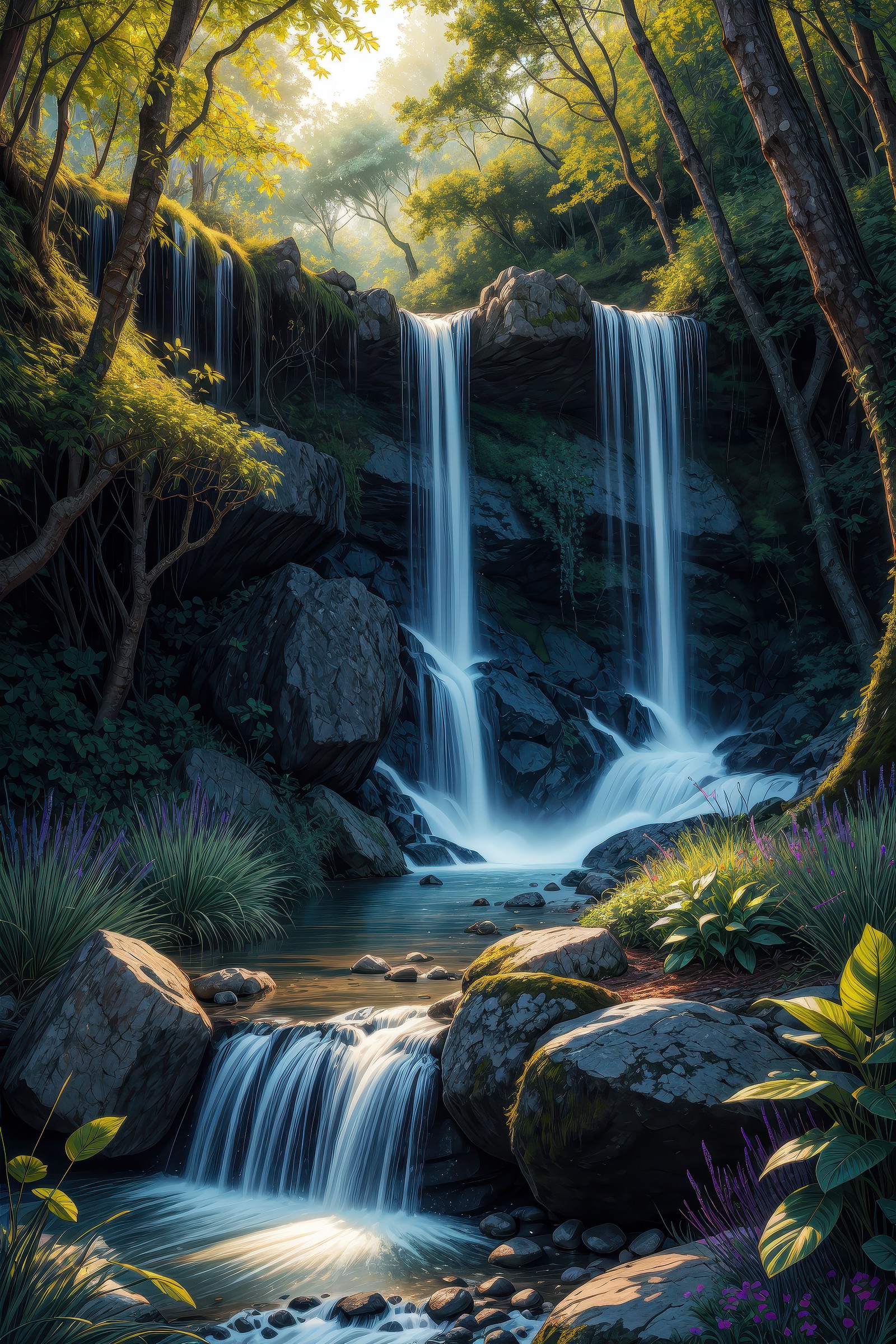 enchanted forest with a hidden waterfall and glowing plants, dream scenery art, landscape, beautiful gorgeous digital art ...