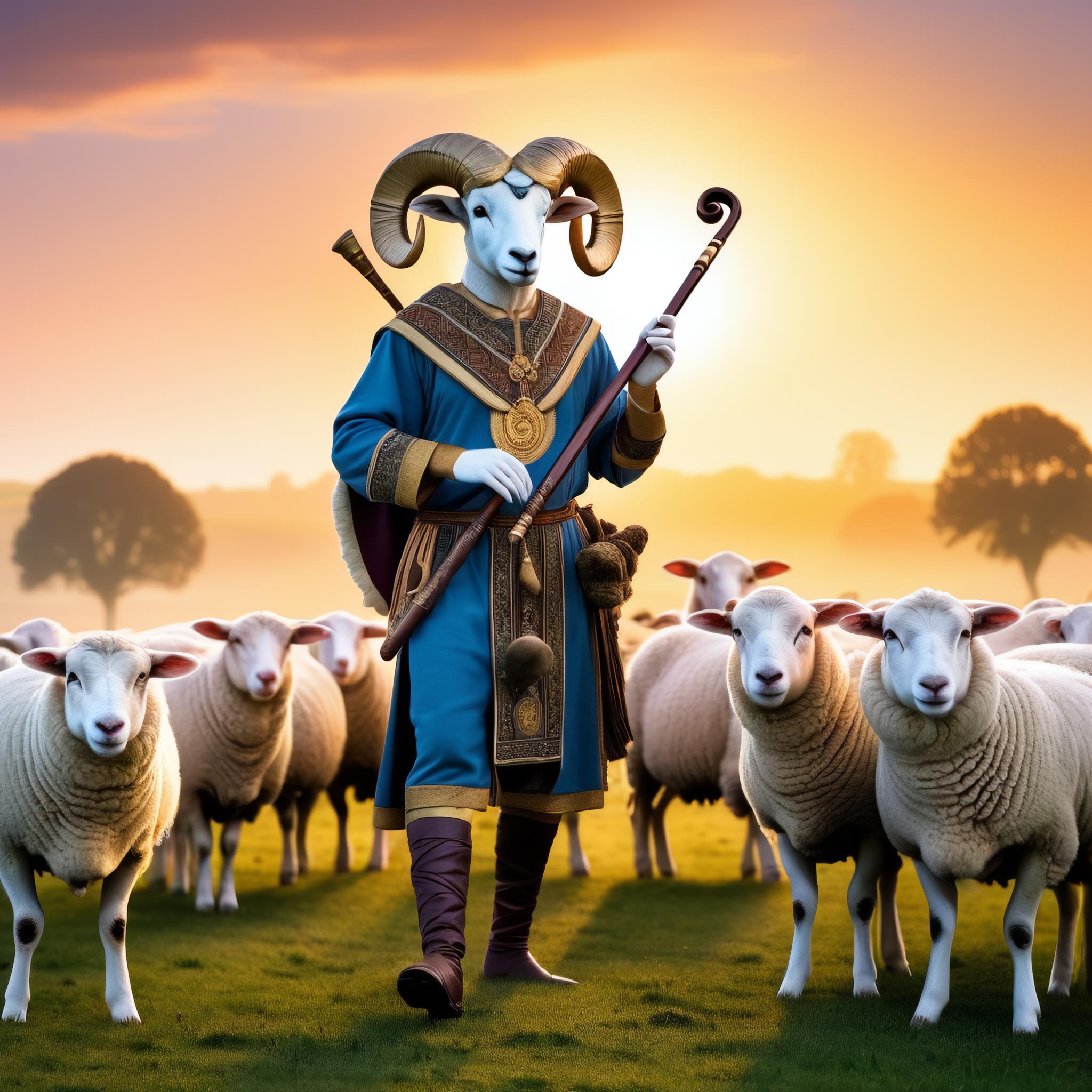 Positive prompt :  A humanoid ram wearing a shepherd's outfit, with a flute in hand, in rolling meadows, surrounded by sheep, at dawn.