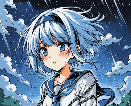 (Masterpiece),  (highres),  8k,  (traditional media:1.2),  manga,  digital illustration,  2d,  retro artstyle,  (ultra-detailed portrait of a sad girl running in the rain,  exhausted,  breathe,  detailed face,  detailed eyes,  detailed hair,  extremely detailed background,  park,  playground,  short hair long sidelocks,  curtained bangs,  parted lips,  cloudy sky,  head down,  looking down,  headband,  serafuku,  school uniform,  necktie,  atmospheric perspective,  tearing up,  naval uniform, chain belt,  gloves,  dynamic,  cinematic,  volumetric,  night,  dark,  soft lighting,  motion blur,  from side,  cowboy shot,  (intricate details,  insanely detailed,  highly detailed:1.3),  fantastic visual,<lora:EMS-275116-EMS:0.550000>,<lora:EMS-61413-EMS:0.200000>,<lora:EMS-23091-EMS:0.200000>,<lora:EMS-265483-EMS:0.100000>,<lora:EMS-57135-EMS:0.200000>