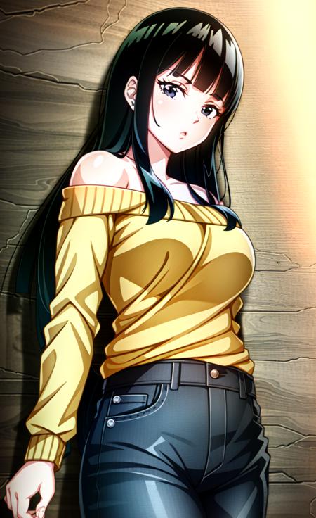 <lora:OGT_Mai_DBZ-v1:0.9> (extremely detailed CG unity 4k wallpaper),(masterpiece),(best quality),(ultra-detailed),(best illustration),(best shadow),(absurdres),(detailed background), Mai, 1girl, solo, black hair, long hair, sweater, pants, bangs, black eyes, off shoulder, jeans, looking to the side, blunt bangs, denim, off-shoulder sweater, blush, bare shoulders