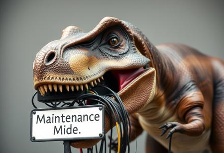 A Tyrannosaurus Rex with a server in its jaws and a bunch of cables in its hands.
a closeup sign says "Maintenance Mode"