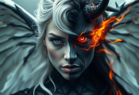Misty Valley, a close-up of a mysterious female entity, one half of her body and face is beautiful, angelic appearance, blue eyes, white hair, the other half of her body and face is demonic, coal-black skin, red eye and hair are burning with fire, demonic horn, on her back are wings corresponding to each part of the body. Dark atmosphere, cinematic, masterpiece, clear focus.
