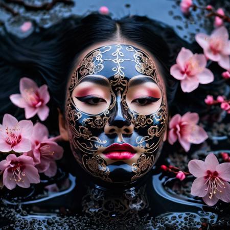 Surrealist art A raw face closeup photo of a woman,(wearing intricate traditional Oni Mask),tattooed, straight black hair, wearing a delicate black and pink dress accentuated by black lace, (laying down in puddle of shiny black liquid oil),pink cherry blossoms,largebreasts,cleavage,dim lighting,floating dust particle, bokeh,view from above,best quality,HD,highly detailed,bokeh,macro photography,   . Dreamlike, mysterious, provocative, symbolic, intricate, detailed
