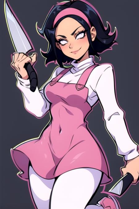 <lora:nene:0.8> 1girl, solo, breasts, smile, short hair, simple background, shirt, black hair, long sleeves, dress, holding, medium breasts, white shirt, weapon, pantyhose, hairband, grey background, covered navel, turtleneck, knife, pink dress, :p, white pantyhose, outline, holding knife, white outline, pink hairband, full body