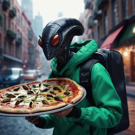 Create an alien pizza delivery boy, pizza bag, pizza made in cockroaches and alien city environment,masterpiece,8k hd ,dynamic pose,cinematic shot, ultra sharp, photorealistic, professional, 4k, highly detailed, film grain