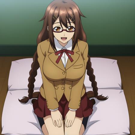 RettouChitose, large breasts, brown eyes, brown hair, long hair, braid, twin braids, hair ornament, hairclip, glasses, semi-rimless eyewear school uniform, jacket, skirt