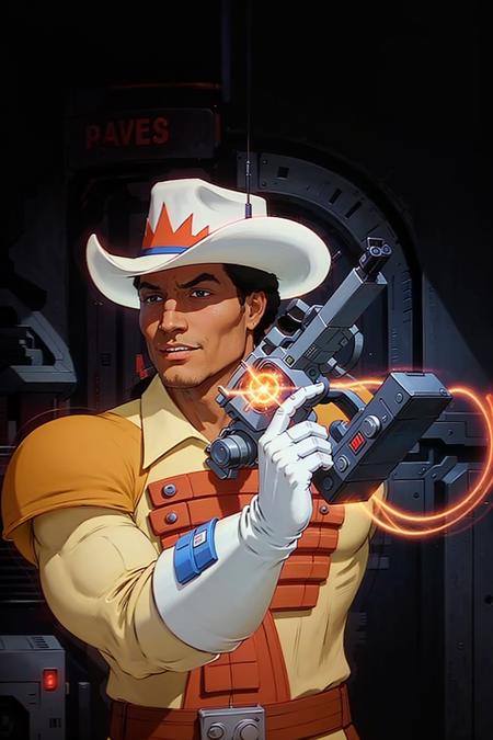 raw photo,  realistic, photorealistic,
1boy, solo, smile, bravestarr, hat, cowboy hat, black hair, gloves, male focus, white gloves, blue boots,  dark skin, dark-skinned male,  (toned body:1.1), holding a laser gun, detailed background
<lora:Bravestarr_1987:0.65>