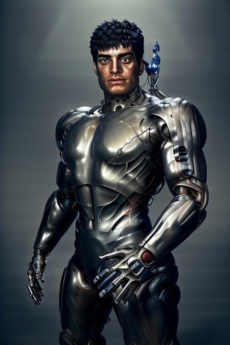 cinematic film still silverpulse, cyborg ryu, simple background, high quality, artistic, vibrant colors, detailed textures. futuristic sleek/glossy silver and blue glow, vibrant colors, detailed textures., Concept art, cyborg, background, vintage, modern, SilverPulse, superman_oc, <lora:SilverPulseMorphXL:0.8>, excellent composition, artistic, highly detail, holy, sunny, dynamic dramatic beautiful full taking . shallow depth of field, vignette, highly detailed, high budget, bokeh, cinemascope, moody, epic, gorgeous, film grain, grainy,