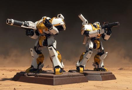 "A high-detail concept art scene from Warhammer 40k, featuring Super Armored Robot Armed Black Iron painted in striking white and gold. Positioned on a brown base against the Pressured Planet Wraitsoth, the robots stand ready for action. The left robot wields a large gun with its barrel pointed upward, while the right robot holds a smaller gun at the ready. The composition is dynamic, capturing a moment of anticipation with sharp lines, stunning colors, and impeccable balance. Rendered in hyper-realistic 3D with Octane Render, the scene showcases lifelike details, captivating lighting, and harmonious tones. Inspired by contemporary aesthetics and Grammer Effect Style, the image conveys vivid emotions and a powerful message. Trending on ArtStation, 4K, ultra-detailed, and impeccably composed."