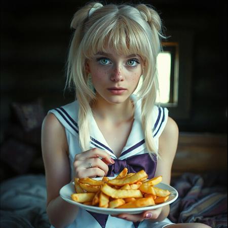 iphone 8 photo of Oksana Akinshina, silver blond hair, green eyes, cosplaying as sailor moon, in an old slavic cabin, grainy footage, lots of freckles, holding a plate of fish and chips. The atmosphere is cozy yet melancholic, with soft natural light filtering through a small window. The image has a textured, film-grain aesthetic, reminiscent of old analog photography, with muted colors and a slightly desaturated tone."